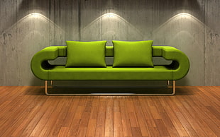 green fabric sofa with two throw pillows on brown wooden floor illustration
